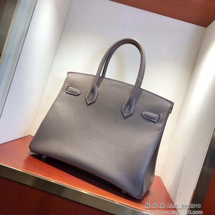 HERMES愛馬仕 鉑金包 Birkin 30cm Epsom 18 Etoupe 大象灰 銀扣 頂級工藝 全手工 蠟線縫製 時尚手提包  Ama1218